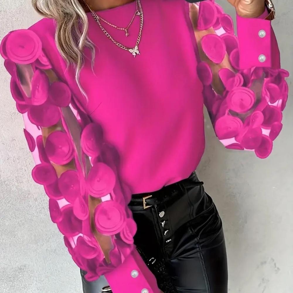 Vibrant Pink Women's Top with Sheer Sleeves